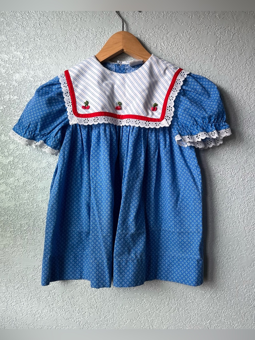 Vintage 80s Youngland Girls Size 6 Blue Cherry Sailor Collar Dress